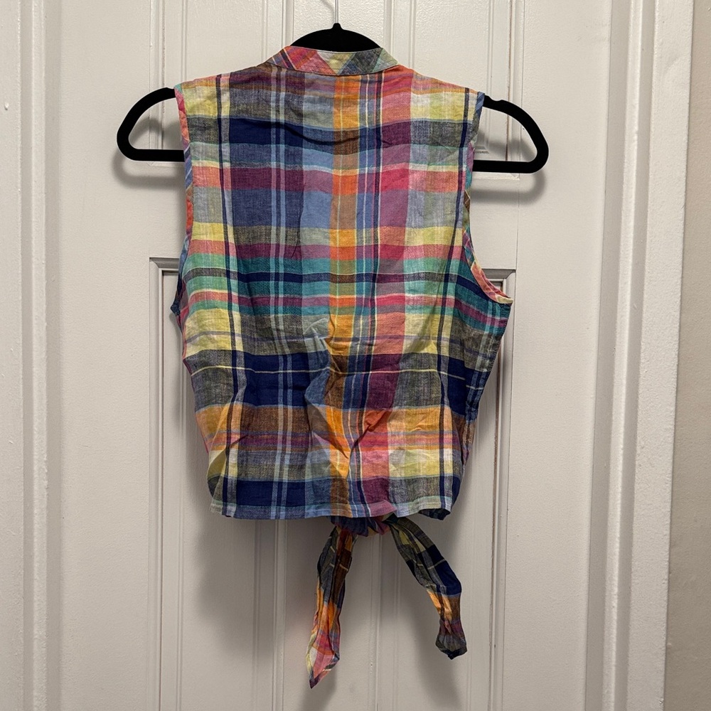 Polo by Ralph Lauren Multicolor Plaid Tie-Front Sleeveless Linen Shirt - Picture 4 of 4